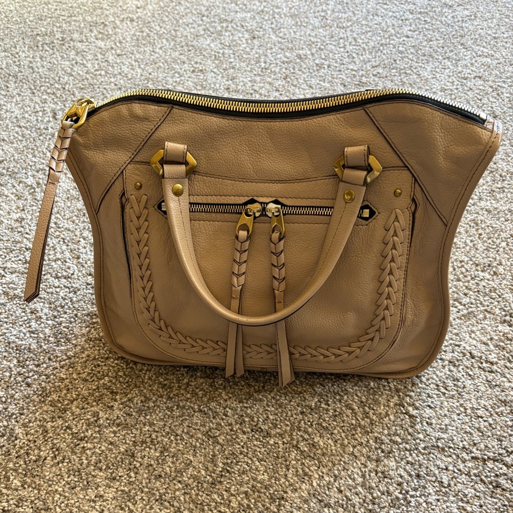 orYANY tan “Sarah” pebble leather braided satchel